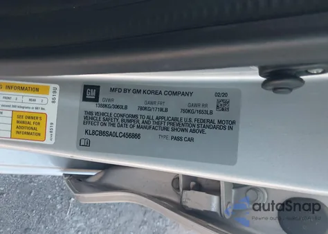 2020 Chevrolet Spark Fwd Ls Automatic z USA, uszkodzony, nr VIN KL8CB6SA0LC456866